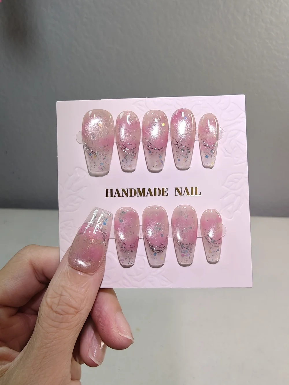 Pink Glitter Ombre Cat Eye French Tip Medium Long Coffin Press On Nails